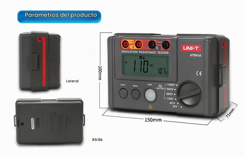 UNI-T UT501A Medidor de Resistencia de Aislamiento Medidor de Tierra Megómetro Voltímetro con Retroiluminación de LCD, 1000V