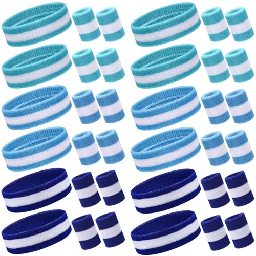 Image of Eurzom 36 Pcs Neon Sports Sweatbands Set Include 12 Striped Sweat Absorbing Headbands 24 Wristbands Athletic for Men Women Basketball Tennis Running Glow Party