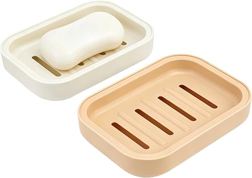 2PCS Double-tiered Soap Dish with Drainage, Moisture- and Mould-Resistant, Minimalist Soap Holder, Removable for Easy Cleaning, Suitable for Bathrooms and Kitchens White&Khaki