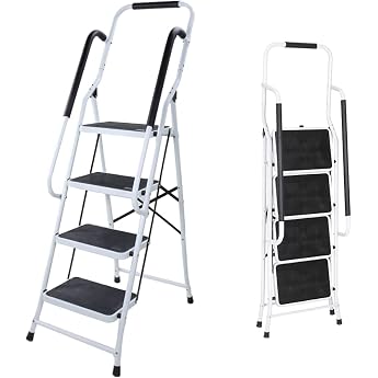 Step Ladder 4 Steps with Handrail and Non-Slip Steps Robust High-Quality Steel Steps Household Stepladder Folding Ladder 150 kg Max Load