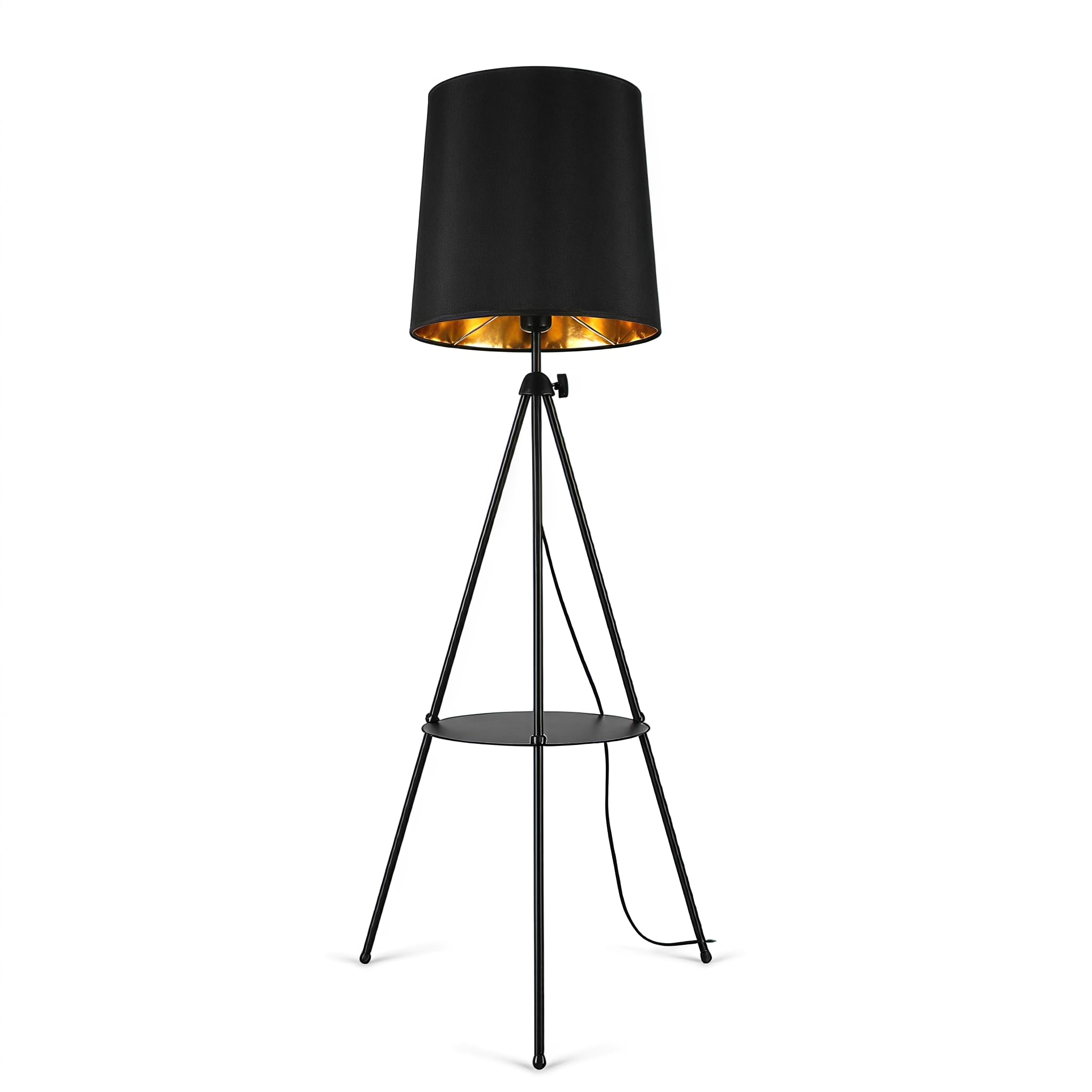 BARCELONA LED Madison Dreibein Stehlampe Mit Ablagetisch Schwarz | Holz, Textilschirm, höhenverstellbar, Ambientebeleuchtung, multifunktionales Design