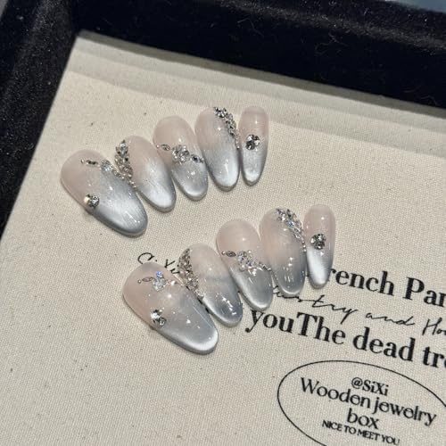 ネイルチップ 3D立体感 手作りネイルチップネイルチップ 人気 韓国 夏 青 春秋冬 ショート 付け爪 可愛い つけ爪 おしゃれ 入学式 卒業式 成人式 結婚式 地雷系ラインストーンキャッツアイ 10枚入おしゃれ (044, L)