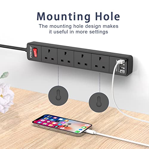 POWSAF Extension Lead with 4 USB Slots (3.4A, 1C and 3A Ports),Power Strip Extension cord with 4 way plug extension Socket and 2M Extension Cable for Home Office Travel holiday essentials,Black - Image 5