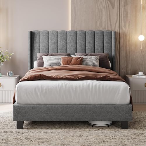 Yaheetech Cama tapizada 140 x 200 cm Cabecero a Rayas con Alas Láminas de Madera y Metal Cama Matrimonial Color Gris Claro