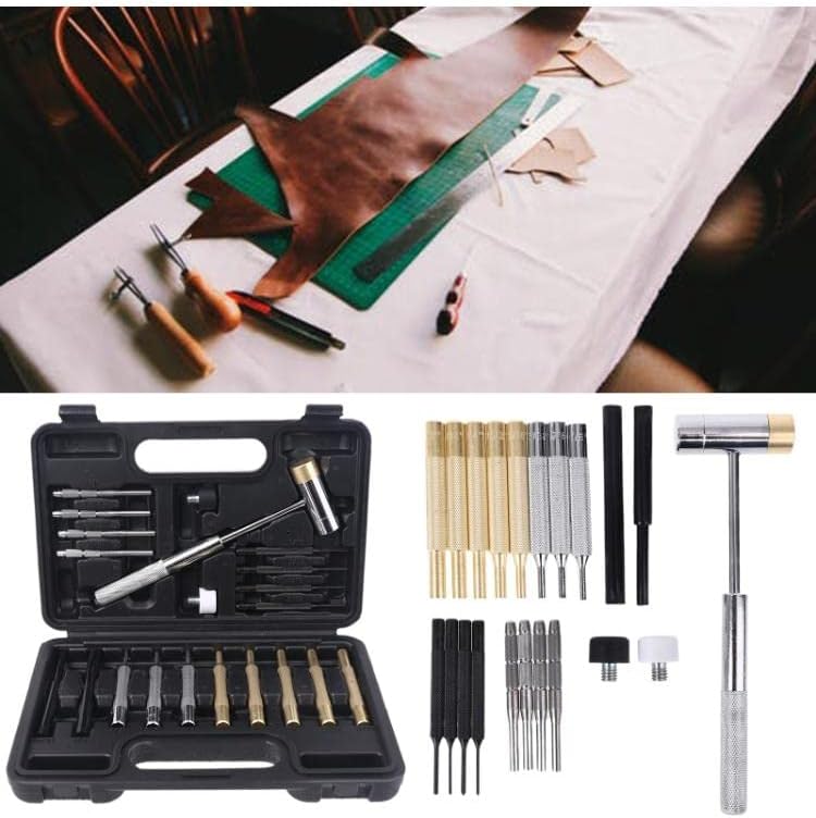 21pcs Professional Punch Tool Set Steel Pin Hammer Brass Leathercraft Repair Kit M68E