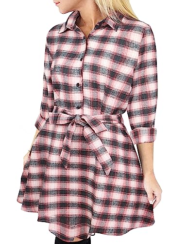 FANCYINN Blusenkleid Damen Kariert Langarm Hemdkleid Gestreift Kleid Lässige Kleidung mit Gürtel Grün & Rosa S