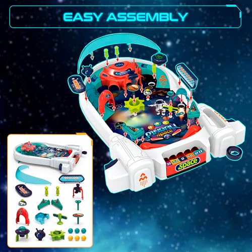 OLEOCA Space Pinball Machine — Tabletop Arcade Game with Obstacles, Pull-Rod Launcher, Flippers, UFO Targets & Astronaut Theme, 1-2 Player Mini Pinball for Kids
