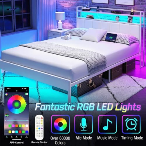 Image of Queen Size Bed Frame with Upholstered Headboard and 2-Tier Storage Shelves | Metal / Charging Station / LED Lights / Under Bed Storage / Non-slip / Noise Free / No Box Spring Needed / White