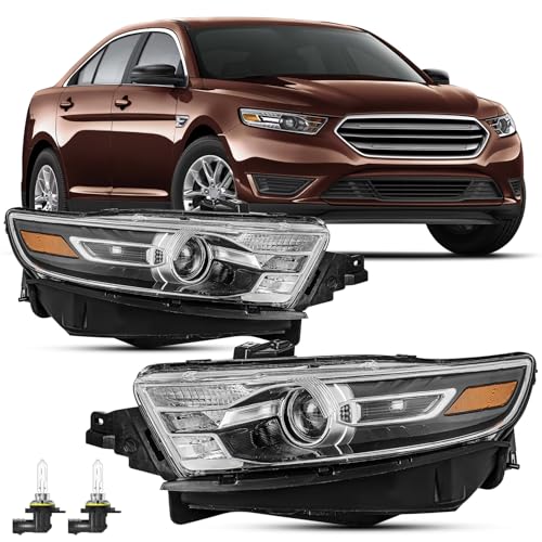 Image of Headlights Assembly Compatible With 2013-2019 Ford Taurus Replacement Headlamp, Driver and Passenger Side, Pair Chrome Amber 13-19 Taurus Head Light