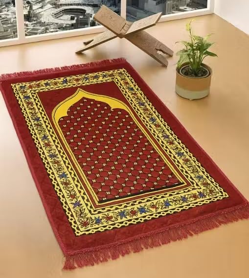 Premium Velvet Janamaz - 2 x 4 Feet Large Prayer Mat (Musalla) with Traditional Floral Pattern, Lightweight & Foldable Padded Namaz Mat for Daily Prayer and Ramadan Gifting (Maroon)-image-19