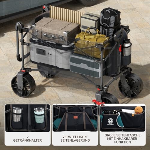 EVER ADVANCED XXL Bollerwagen faltbar 225L bis 150kg mit Bremse Dach Handwagen schieben&ziehen klappbar Strandwagen 20 * 8cm breite Räder Faltwagen für Camping Strand Einkauf Tier – Bild 3
