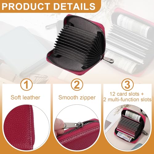 uxcell Leather Credit Card Holder, 14 Slots Small Accordion Zipper Wallet for Women and Men RFID Blocking Secure Organizer with Zipper, MultiFunctional Wallet for ID & Cards (Rose)3