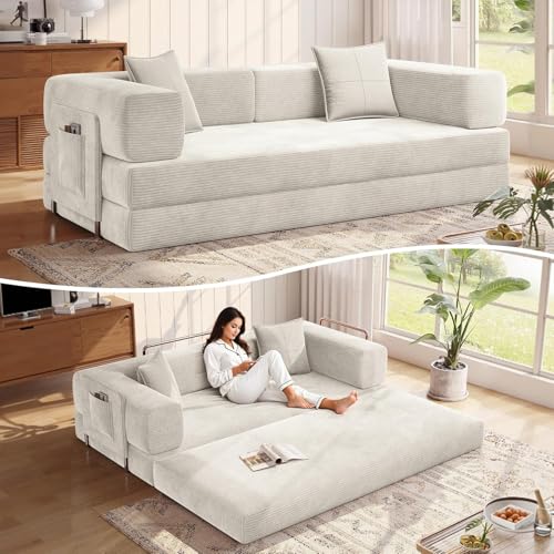 Convertible Folding Couch Bed Comfy Corduroy Sleeper Floor Sofa Bed with Fixed-Shape Frame Floor Sofa with Armrest Lounge Couch for Living Room Bedroom Lounge Studio (Light beige 200CM)