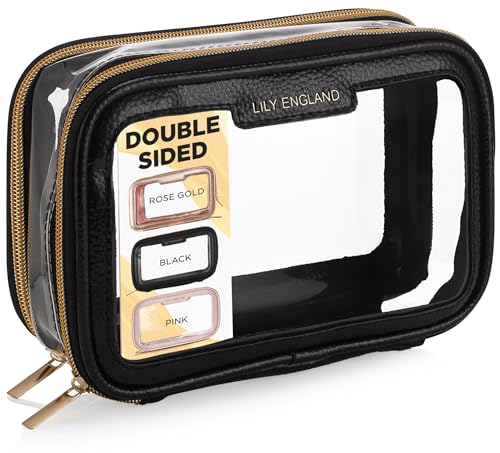 Clear Travel Toiletries Bag for Women - Clear MakeUp Bag with 2 Compartments for On-the-Go Beauty - Stylish Make Up Bag for Everyday Use - A5 Diary Sized for Beauty Essentials by Lily England, Black
