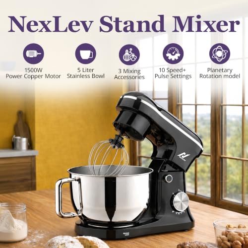 Image of NexLev Stand Mixer |5 L Stainless Steel Bowl | 1500W | Stand Mixer For Baking with 10 Speeds | Whisk, Beater & Dough Hook |100% Copper Motor |For Roti & Cookie Dough, Cake Making & more | ST-01
