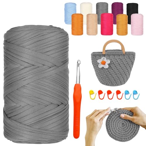 YushengTai Trapillo para Crochet, 400G/120M Trapillo con Aguja de Ganchillo de 9,0 mm 6 Posicionadores, para Tejer a Ganchillo Bolsos, Cestas, Mantas, Decoración del Hogar(Gris)