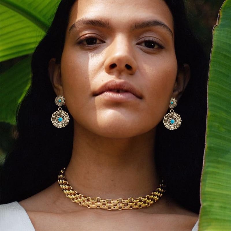 Western Turquoise Earrings for Women Bohemian Vintage Turquoise Geometric Ethnic Teardrop Earrings Statement Western Country Jewelry - Image 5