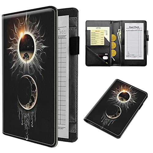 Server Books for Waitress-Leather Waiter Book Server Wallet with Zipper Pocket,Guest Check Book Waitstaff Organizer with Money Pocket Fit Server Apron,Moon Sun in Black