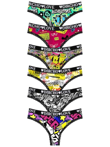 Dircho Women's 6pcs Jacquard Waistband Y2K Graffiti Print Lace Trims Thongs - image 8