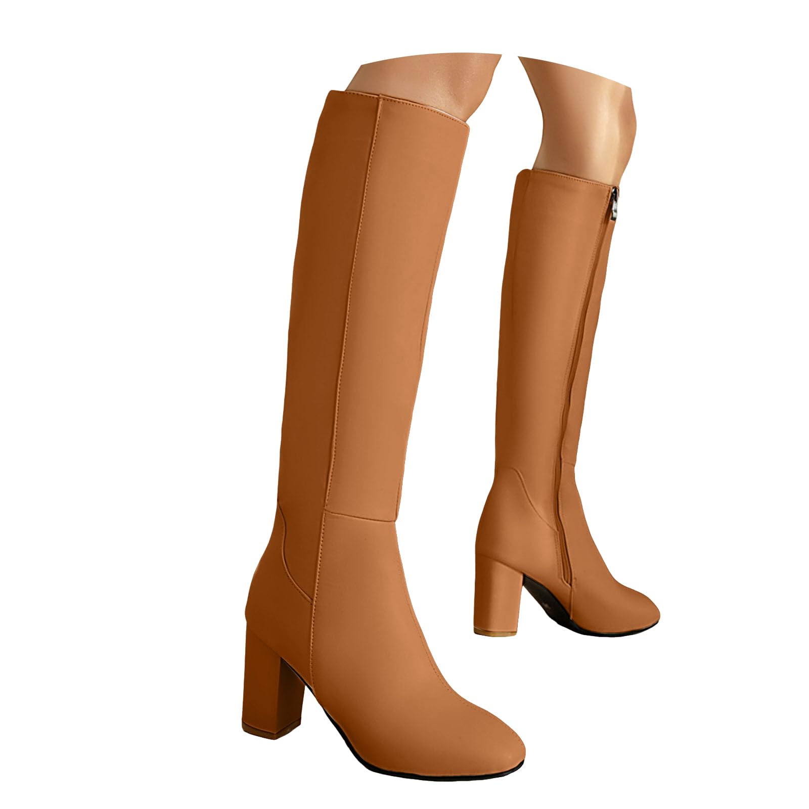 Women Slouchy Knee High Boots Wide Calf Solid Color Leather Chunky Block High Heels Round Toe Side Zipper