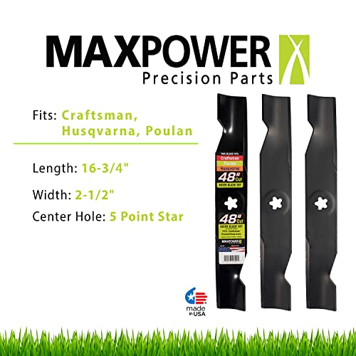 Maxpower 3 Blade Set For Many 48 In. Cut Craftsman, Husqvarna, Poulan Mowers Replaces Oem #'S 173920, 180054, Pp24005, 532180054, Black #TOP1