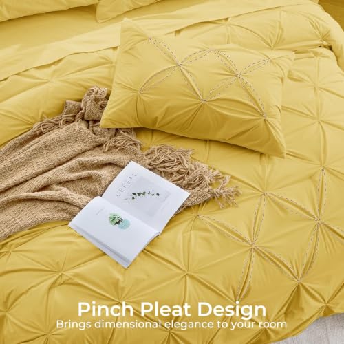 Image of Sasttie Full Size Comforter Set, 7-Piece Bed in a Bag Double, Pintuck Bedding Set for All Season, Includes Comforter, Flat Sheet, Fitted Sheet, Pillowcases and Pillowshams, Mustard Yellow