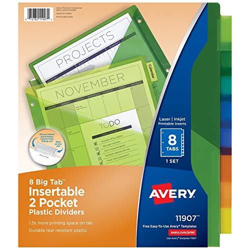 Avery Big Tab Insertable Two-Pocket Plastic Dividers, 8 Multicolor Tabs, Case Pack of 24 Sets (11907)