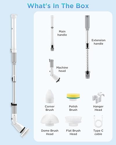 Miniatura 9 de Limpiador eléctrico giratorio, cepillo eléctrico inalámbrico con brazo de extensión ajustable y 4 cabezales de cepillo de limpieza reemplazables