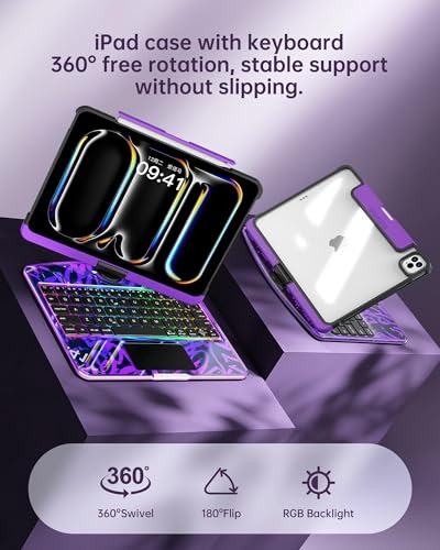 Image of Clear Keyboard Case for iPad Pro 13 inch (M4 /M5 2024 /2025),360 Swivel Multi-Touch Trackpad, with Wireless Bluetooth 3-Brightness &7-Color Backlit, Pencil Holder and Keyboard Shortcuts Purple