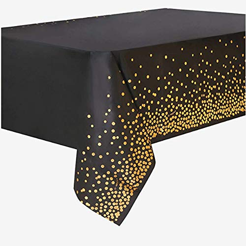 DULZU 4 Pack Golden Dot Confetti Disposable Tablecloths, Rectangle Table Covers in Black for Fiesta, Birthday, Wedding, Christmas, Graduation Decorations, 54" X 108"