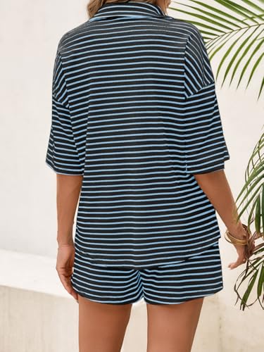 Image of Tankaneo Womens Striped 2 Piece Sets Short Sleeve Lounge Set | Button Down, Waffle Knit, Pajama Lounge Set, Summer Outfits