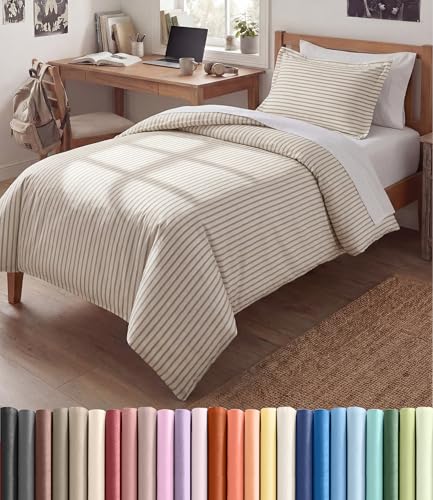 Image of Duvet Cover Twin /Twin XL Size Set - Extra Soft Twin /Twin XL Duvet Cover 68 inch x 90 inch with 1 Pillow Sham for Women, Men, Kids & Teens - Easy-Care & Fade Free with Zipper Closures & Ties (Beige Stripes)