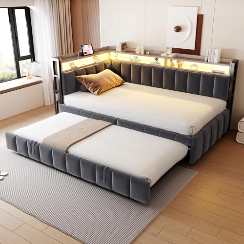 BNUZ Cama tapizada de terciopelo gris oscuro 90 x 200 cm con cama nido, compartimentos en la cabecera y los pies, sofá cama individual, sin colchón