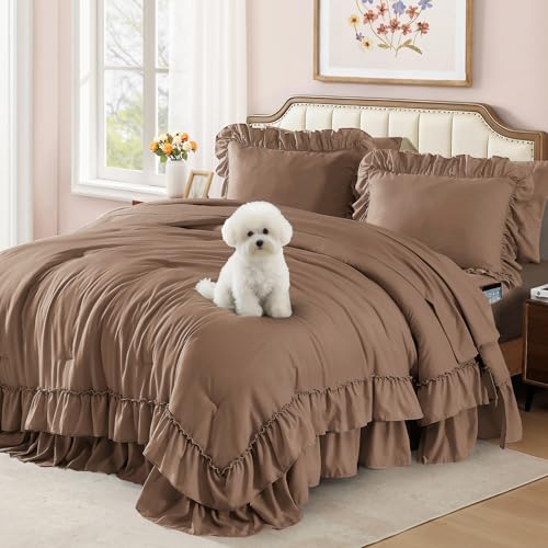 Image of Full Size Comforter Set Amber Brown Ruffle 7 Pieces Farmhouse Bed in a Bag | Shabby Chic Fluffy All Season Bedding Sets with Sheets, Pillowcases & Shams