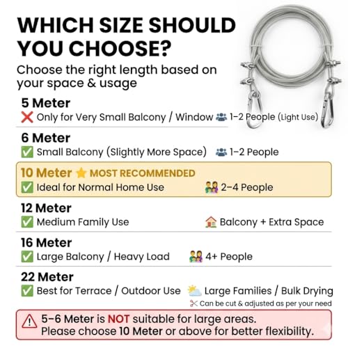 Image of 10 Meters Heavy Duty 4mm PVC Coated Steel Clothesline Wire Ideal for Home Use, Adjustable U-Clamps, Rustproof Anti-Sag, with Carabiner Hooks (Wall Hooks Not Included)