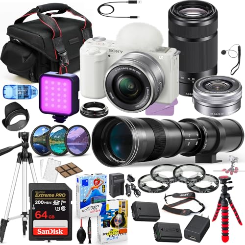 Sony ZV-E10 Mirrorless Camera (White) with 16-50mm & 55-210mm Lens Bundle + 420-800mm Zoom Telephoto Lens + Premium Accessory Package Including 64GB Extreme Memory, LED, Software & More (38 Pieces)