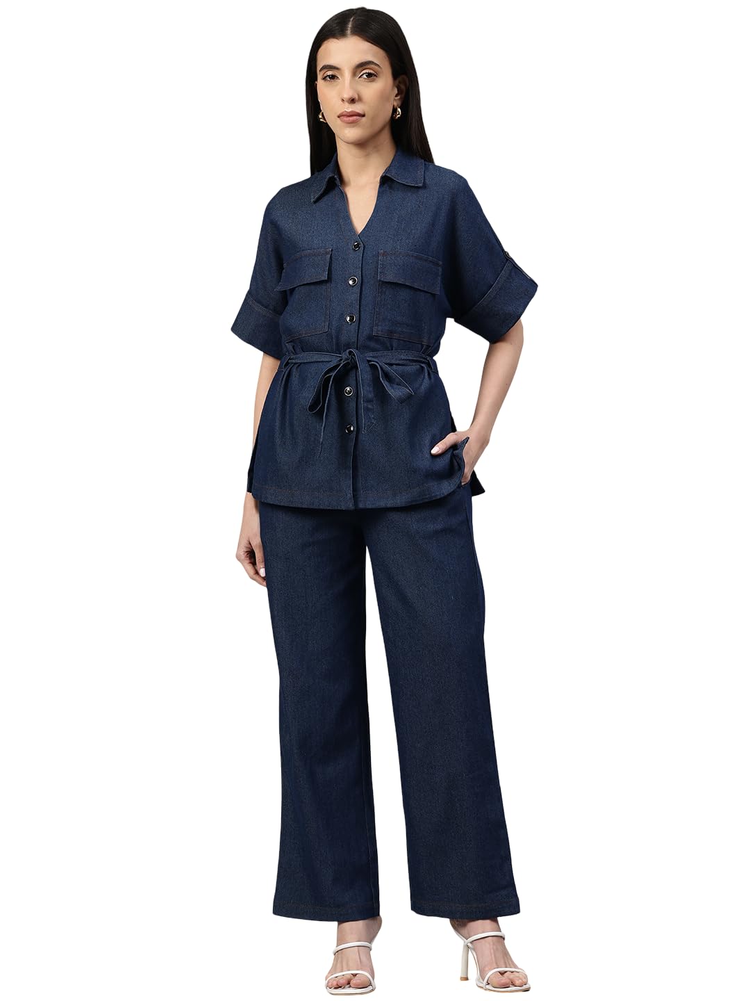 cottinfab Women Denim Loose Fit Shirt with Palazzo Co-Ords-picture-37