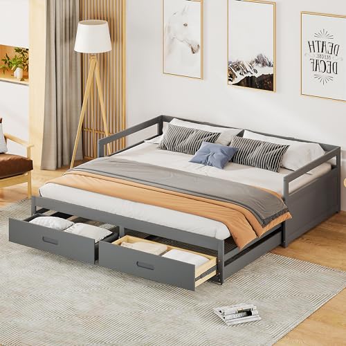 TOBIDOEN Ausziehbares Daybett 90/180x200 cm mit 2 Schubladen, Tagesbett mit Ausziehbett Kann auf 180 cm Ausgezogen Werden, Jugendbett Kinderbett...