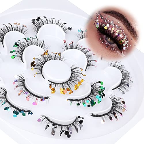 7 Color False Eyelashes Wispy Faux Mink Lashes Halloween and Christmas Festival Styles Glitter Lashes Colorful Decorative Fake Eyelashes for New Year Cosplay Party Stage