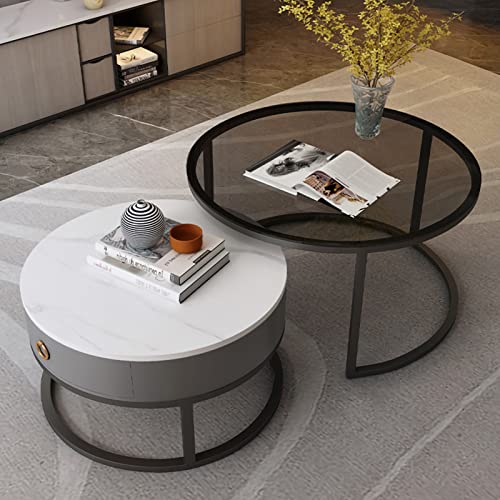 DGDHHSFJDJ Juego de mesas de Centro Redondas Modernas con Compartimentos: Dos mesas de Centro de Vidrio y Pizarra con cajones, Marco de Metal y Elegante diseño Gris para Sala de Estar, 100 cm.