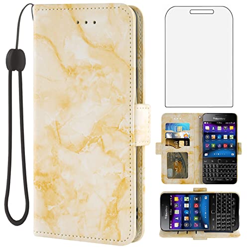 Asuwish Compatible with BlackBerry Classic Q20 Case and Screen Protector Cell Accessories Card Holder Slot Kickstand Stand Full Body Protective Flip Folio Marble Wallet Phone Covers for SQC100 Yellow