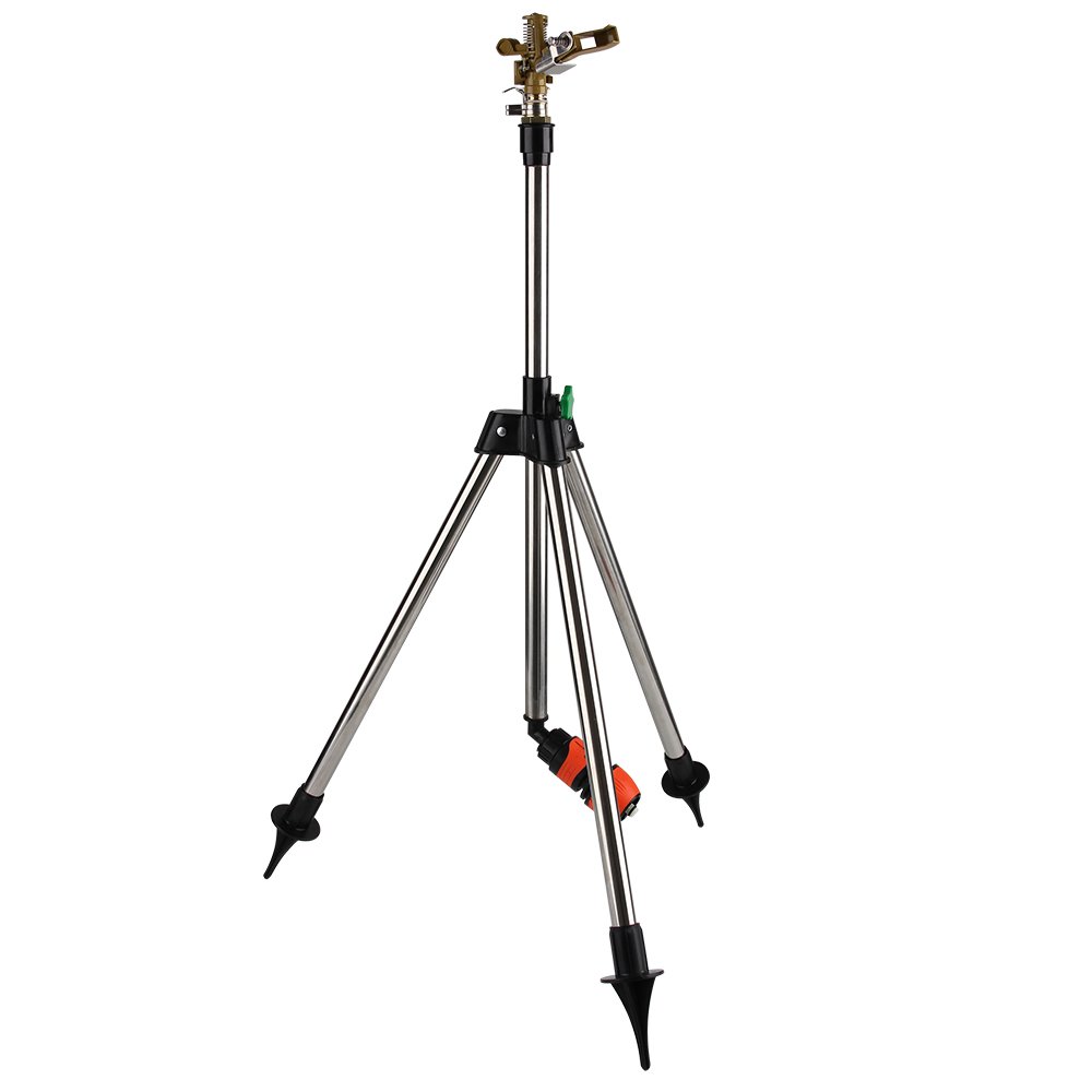 GARDEBRUK® Aspersor de Césped Trípode Telescópico 360° Alcance hasta 24m Altura Ajustable con Conectores de Manguera Sistema Riego Jardín Huerto