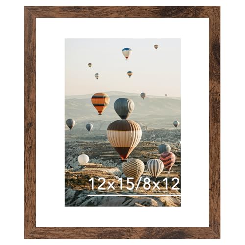 JCJMY 12x15 Picture Frame with Mat Display 8x12 with Mat or 12 x 15 without Mat Wood 12 by 15 Photo Frames for Wall Hanging 1 Pack Deep Brown