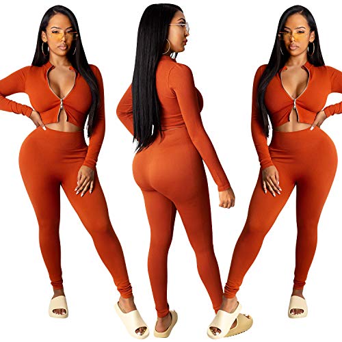 2 Piece Outfits for Women Long Sleeve Solid Color Zipper Front Top Blazer with Pants Casual Elegant Business Suit Sets (Red, XXL)