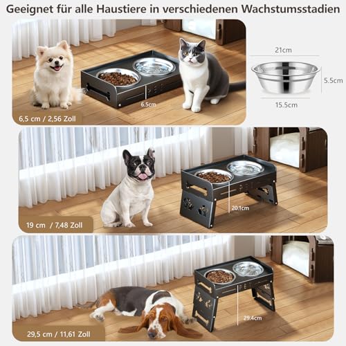 Erhöhter Hundenapf mit 3 Höhenstufen – 2 große, eingedickte Edelstahlschalen für kleine, mittlere und große Hunde (Dunkelschwarz)