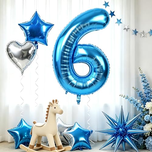 Image of TONIFUL 6th Birthday Balloons Kit 40 Inch Blue Large Number 6 Foil Balloon | with 18Inch Helium Mylar Heart Star Shaped Balloons for Boy Men Birthday Anniversary Graduation New Year Eve Party Decoration