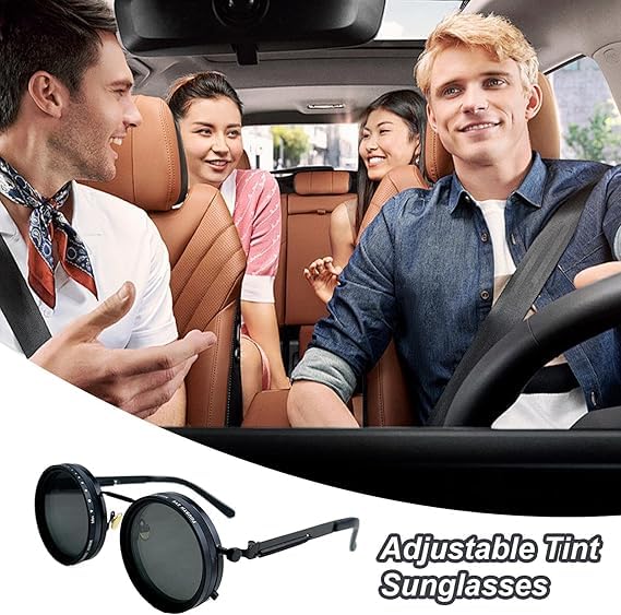 Image of Adjustable Tint Sunglasses, 1-9 Gear Adjustable Polarized Sunglasses with ND Filter Lenses, Round Black Lens for Men & Women, UV Protection for Driving, Fishing, and Outdoor Use.