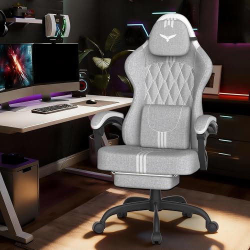 Verdego Silla Gaming, Silla Gamer Ergonómica con Masajeador Cojín Lumbar, Reposapiés Retractable y Reposacabezas, Tela, Reclinable 90-145°, Altura Regulable 10cm, Sillas Gaming, Gris y Blanco