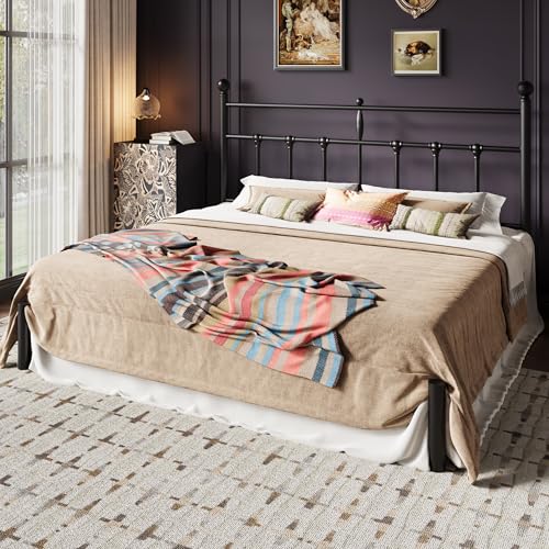 Image of SHA CERLIN King Size Metal Platform Bed Frame with Victorian Vintage Headboard /Under Bed Storage /No Box Spring Needed /Easy Assembly /Noise Free /Mattress Foundation /Black