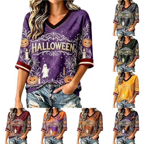 Halloween Costume Halloween Shirts for Women V Neck Festive Autumn Tops 3/4 Sleeve Length Blouse Clothing Purple Large - image 1